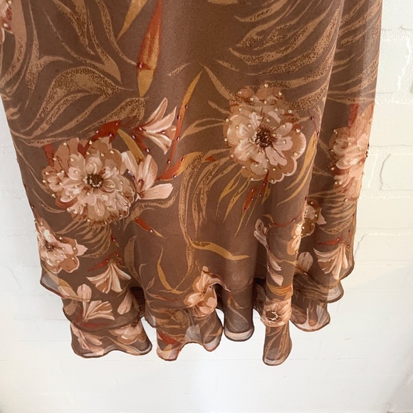 Y2K Midi dress whimsical Wood fairy Floral Chiffon Flowy Ruffled Brown Sz 12 - Picture 6 of 14